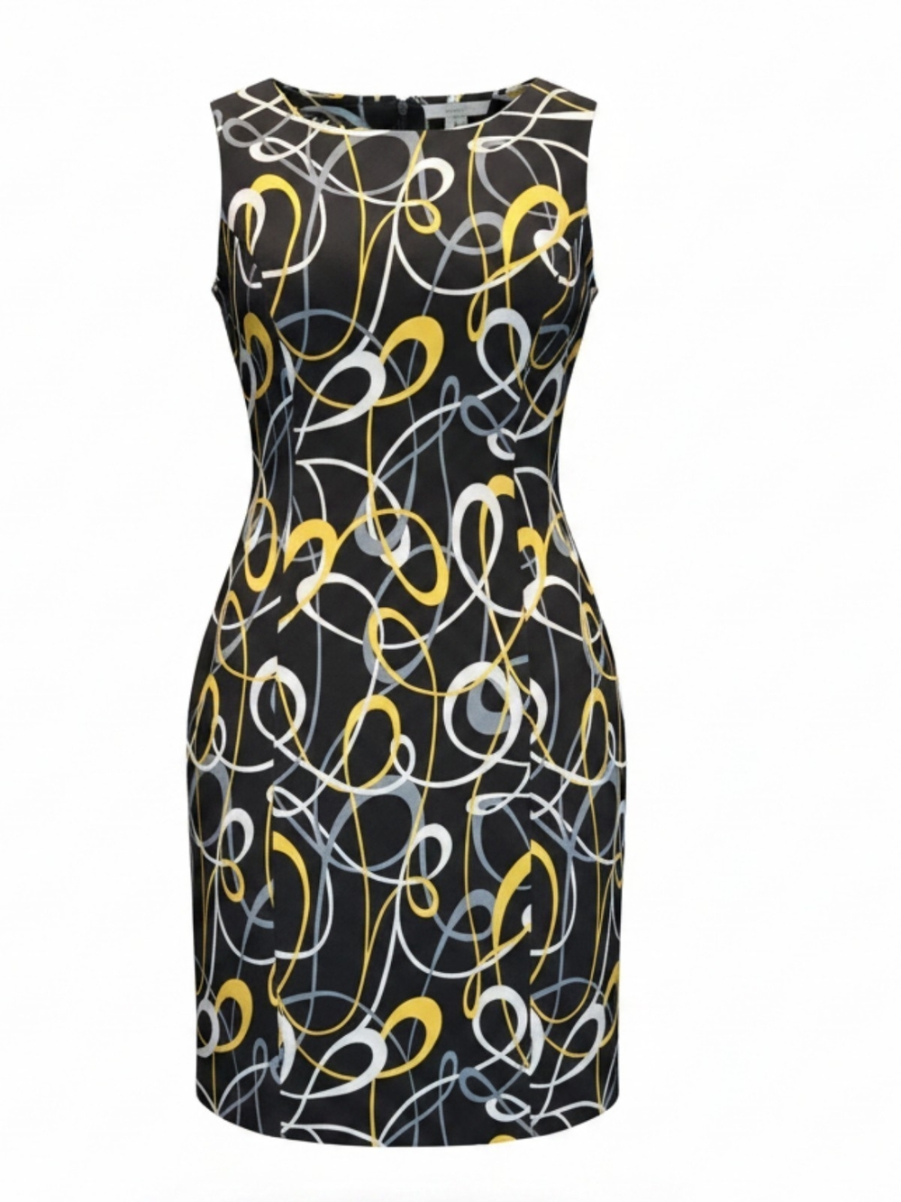 I.N. Studio Black Sheath Dress with Yellow and Light Gray Abstract Print
